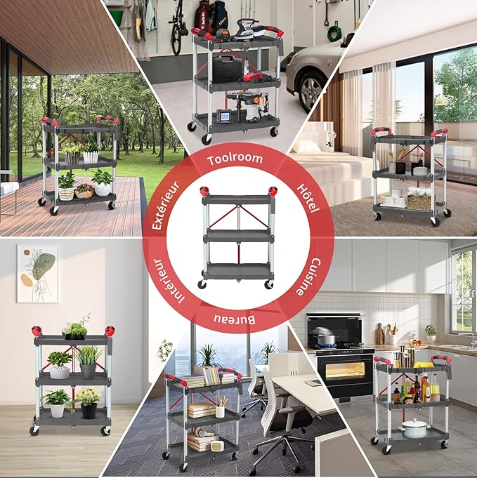 3 Tier Folding Utility Cart with Wheels, 168 LBS Total Load Capacity, Collapsible Service Cart for Garage, Workshop and Office, Portable Aluminum Alloy Rolling Tool Cart, Grey