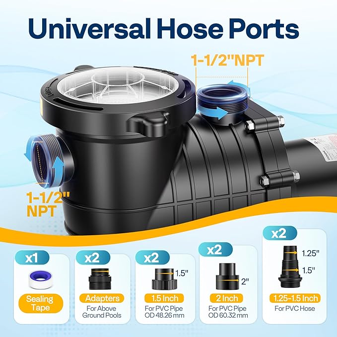 VIVOHOME 1.5 HP 6500 GPH Powerful Copper Motor Dual Voltage Self Primming in/Above Ground Swimming Pool Pump w1.25'' & 1.5" & 2.0'' Unions Energy Saving w/Strainer Basket