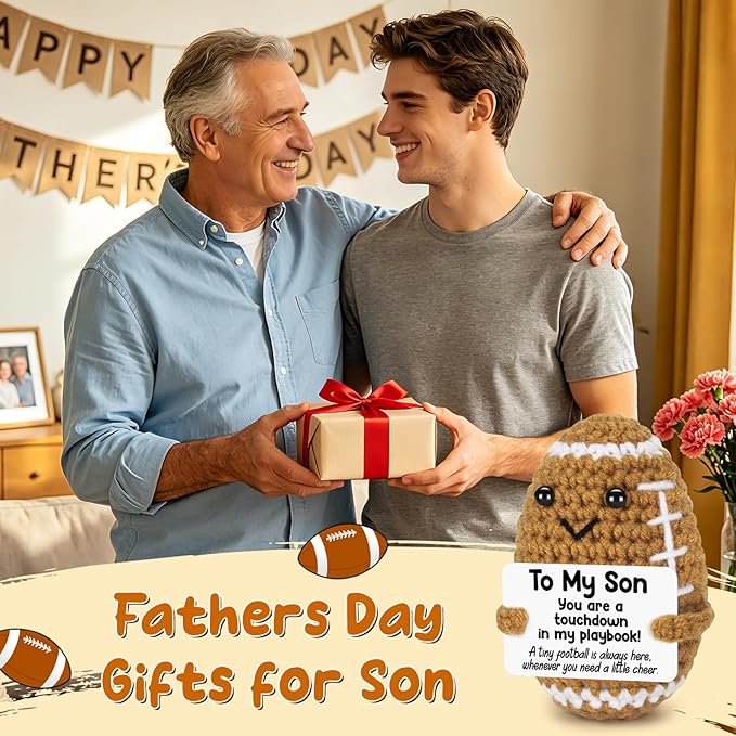BiuNiuring Mini Funny Son Fathers Day Birthday Gifts from Mom Dad, Handmade Crochet Graduation Gifts for Teens Boys, Positive Football Doll Cheer Up with Inspirational Card Gift for Adults Son in Law