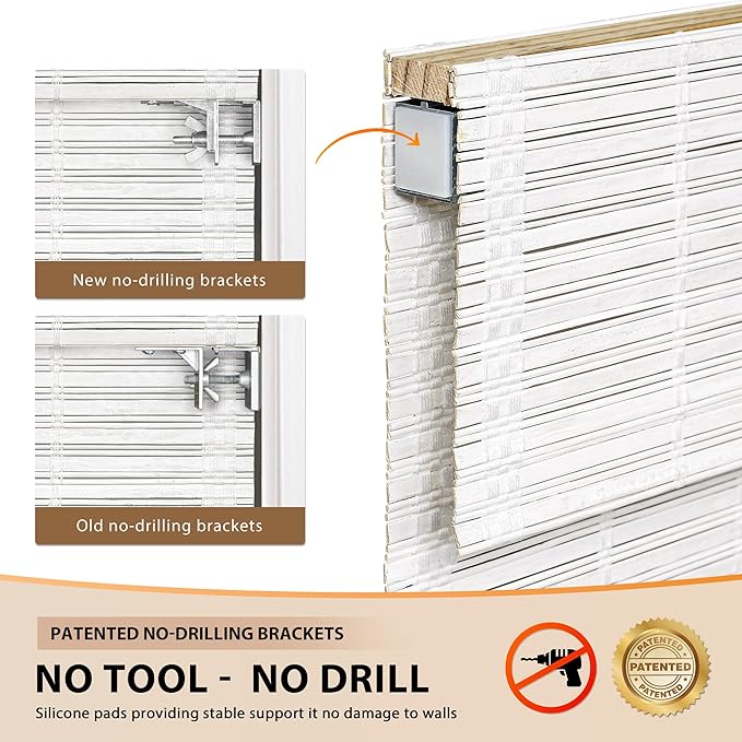 LazBlinds No Tools No Drill Cordless Bamboo Roman Shades, Light Filtering Window Treatment, Roll Up Bamboo Blinds for Windows 32'' W x 64'' H, Whitewash T