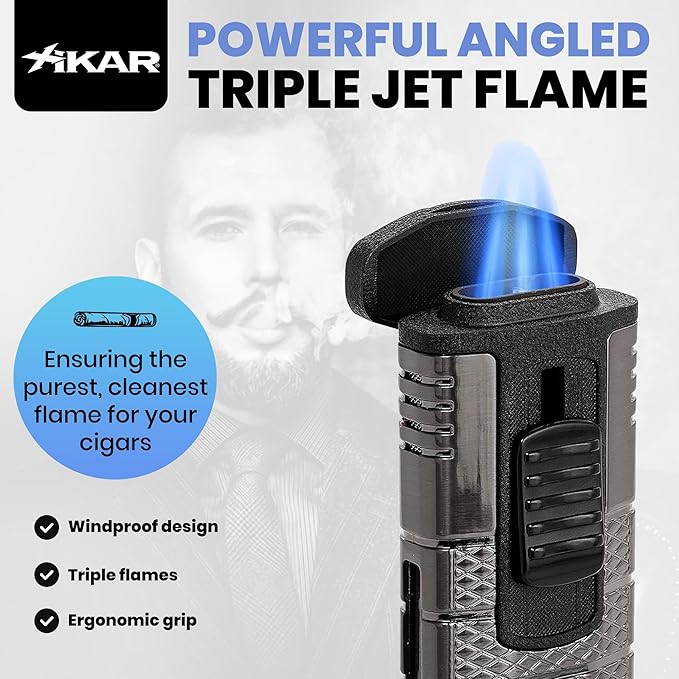 XIKAR Tactical Triple-Jet Lighter, Gunmetal and Black | Powerful Jet Flame for Cigars with Pocket Clip, EZ-View Fuel Window, Adjustable Flame Height & Pull Down Ignition Trigger, Ideal for Outdoor Use