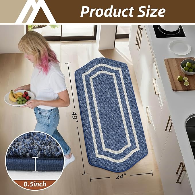 COSY HOMEER Long Kitchen Floor Mats for in Front of Sink Super Absorbent Kitchen Rugs and Mats 24"x48" Non-Skid Kitchen Mat Standing Mat Washable,Polypropylene,Blue,Frame