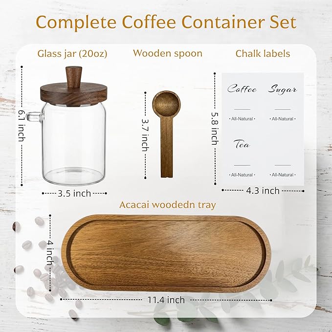 3-Pack 20oz Glass Coffee Container Set - Clear Airtight Canister with Wooden Lid Spoon Tray Labels, Food Storage Jar for Coffee Bean, Tea, Sugar, Housewarming Gift