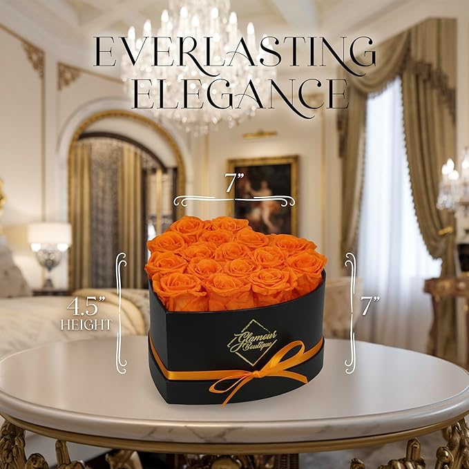 GLAMOUR BOUTIQUE 16 Flower Forever Heart Shape Box, Eternal Preserved Roses Gift for Her, Lasting Flowers, Romantic Floral Keepsake for Birthday, Anniversary or Valentine’s Day, Orange (Color-Treated)