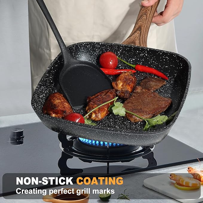 NEWBULIG 3-Piece Nonstick Grill Pan Set, Square Griddle Pans with Wooden Handles, Induction Cooktop Compatible, Nonstick Cookware for Steak, BBQ, Vegetables, Black (9.5", 10.2", 11")