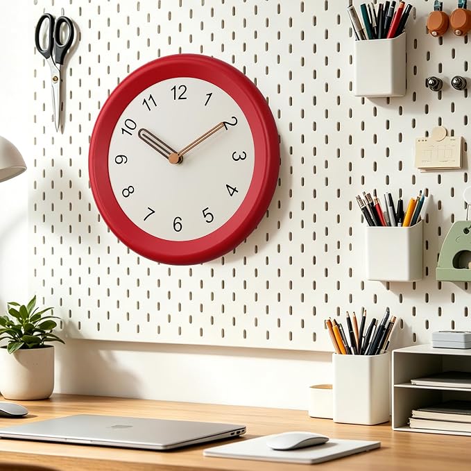 Mosewa 10 Inch Red Wall Clock Silent Non-Ticking Quartz Battery Operated Analog Clock with Wood Hands, Easy to Read Minimalist Round Clock for Kitchen Living Room Bedroom Office