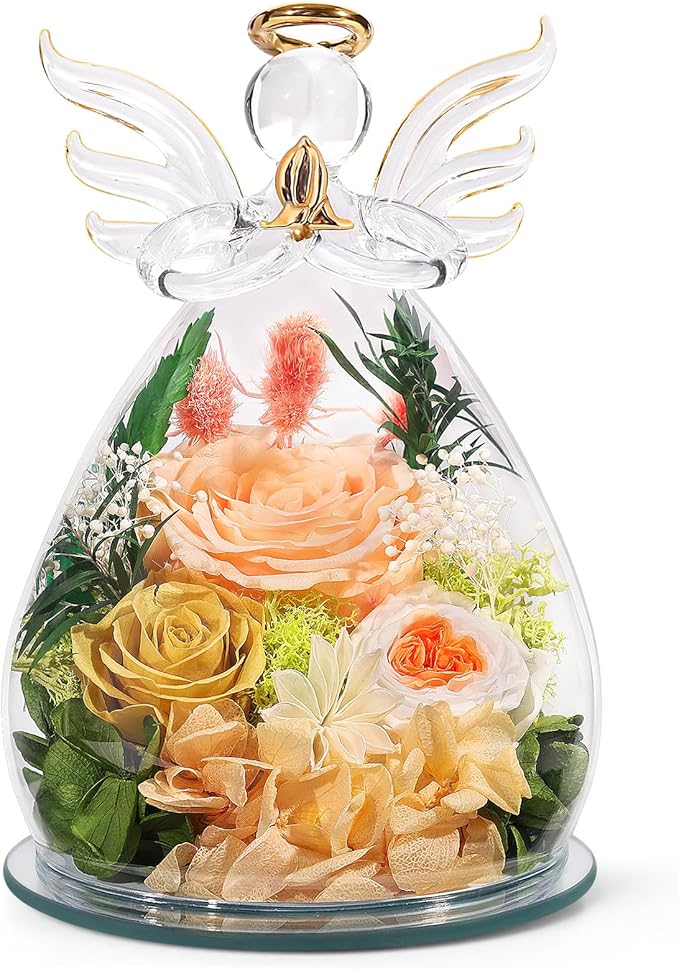 Gifts for Mom Mothers Day Birthday Gifts for Women Preserved Rose Forever Flower in Glass Angel Figurines Fresh Flowers for Delivery Anniversary Real Colorful Roses for Grandma Her Wife from Daughter