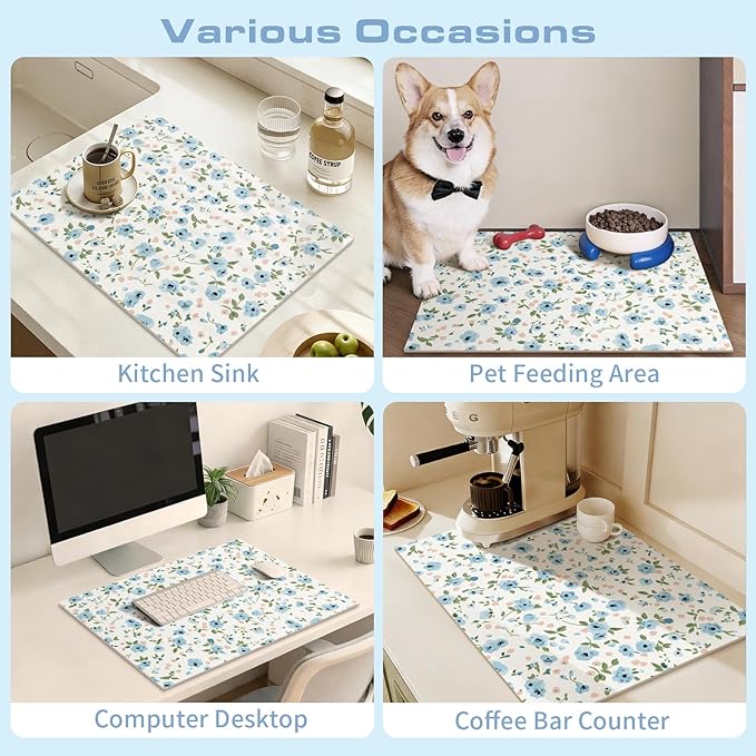 Ditsy Floral Dish Drying Mat for Kitchen Countertop Super Absorbent Coffee Bar Mat, Fast Dry Fit Under Espresso Machine (Ditsy Blooms,Blue)