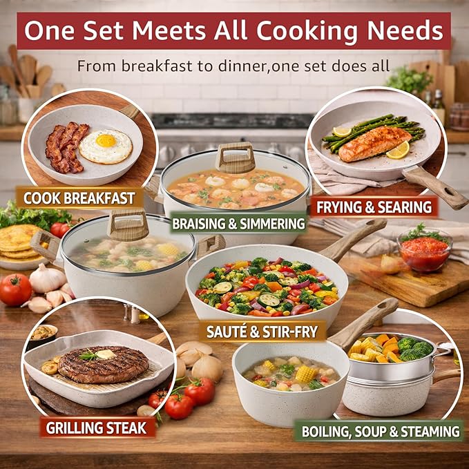 Bazova 24-Piece Pots and Pans Set Non Stick, Titanium-Reinforced Ceramic Cookware Set, Long-Lasting Nonstick,Non Toxic PFAS-Free, Induction Compatible, Complete Kitchen Set for Everyday Cooking