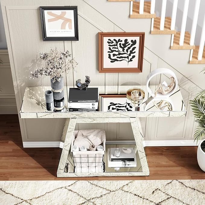 SSLine 2-Piece Set Mirrored Console Table with Wall Mirror, 55" Modern Mirror Entryway Table with Trapezoid-Shape Base, 35.8"x23.8" HD Mirror for Entryway Hallway