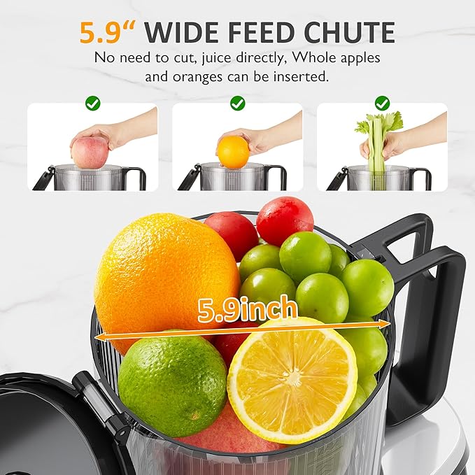 Sunvivi Cold Press Juicer with 5.9" Wide Feed Chute, 150W Slow Masticating Juicer Machines Fit Whole Vegetables & Fruits, Easy to Clean, Dual-Layer Strainer, High Yield Juicer for Home, Black