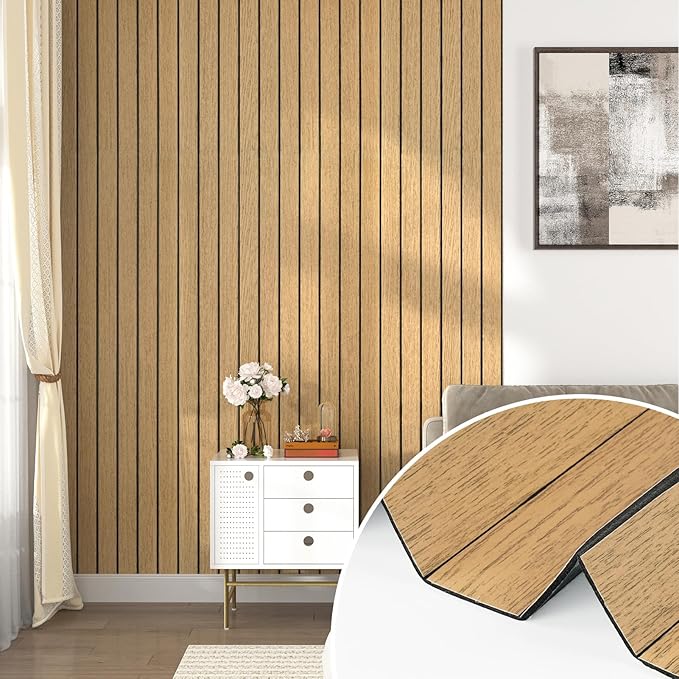 Wallercity Brown 3D Peel and Stick Wall Panels Wood Grain Textured Wall Slat Panel Self Adhesive Waterproof Plank Wallpaper for Kitchen Bathroom Soundproof Wooden Slatted Panels for Rooms 11.7''x197''