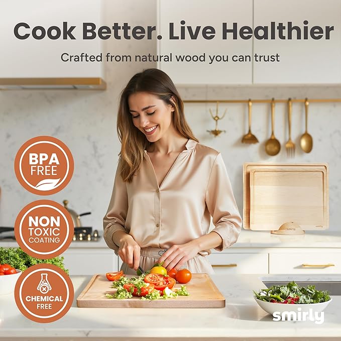 SMIRLY Wood Cutting Boards for Kitchen Wooden Chopping Board Set Reversible with Deep Juice Grooves Grip Handles, Large Charcuterie Tray for Home Kitchen, Natural Birch, 3Pcs with Holder