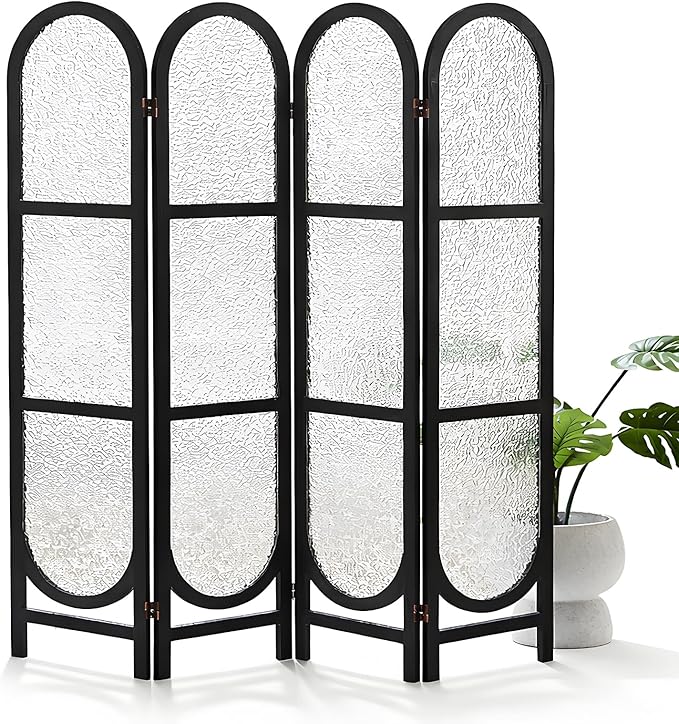 Acrylic Room Divider 4 Panel 67" Tall Arched Room Divider and Privacy Screen with Solid Paulownia Wood Frame, Freestanding Partition Divider for Room Separation, Home, Bedroom - Black