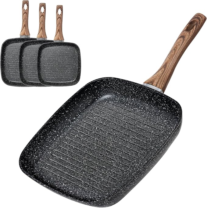 DUMOS 3 Pcs Grill Pans Set, Nonstick Square Frying Pan Skillet Set with Stay Cool Handle & PFOA Free, Compatible with All Stovetops (9.5" 10" 11") Black