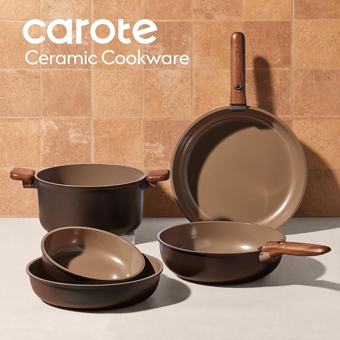 CAROTE 25pcs Ceramic Cookware Set, Pots and Pans Set with Detachable Handle | Non-Stick, Non-Toxic, PFAS and PFOA Free, Induction Compatible, Dishwasher & Oven Safe, Space Saving, Camping Cooking, Brown