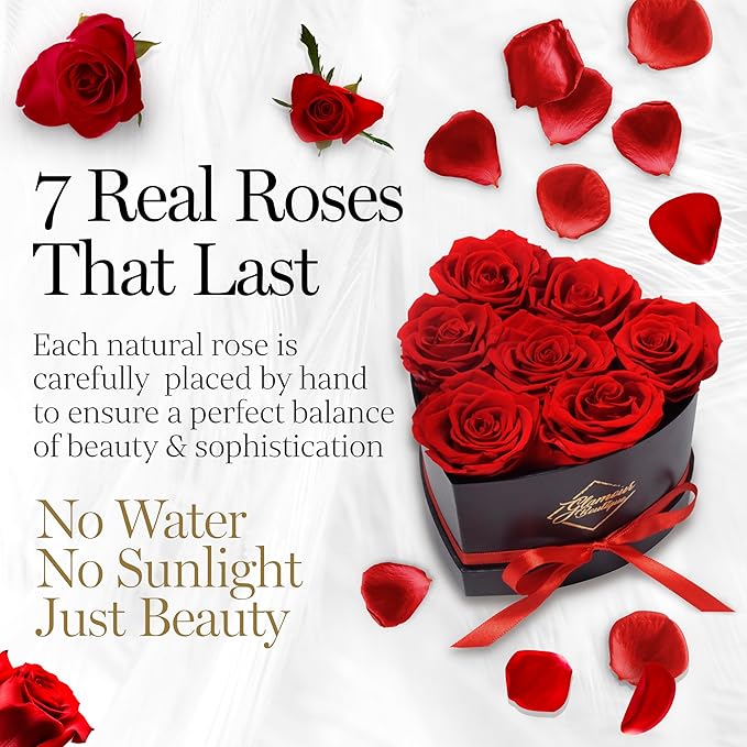 GLAMOUR BOUTIQUE 7 Flower Forever Heart Shape Box, for Mom, Eternal Preserved Roses Gift for Her, Long Lasting Flowers Bouquet, for Birthday, Anniversary and Girlfriend - Red