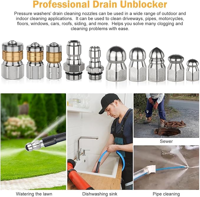 Pressure Washer Jetter Nozzle | with Connectors Tips - 10-Piece High Pressure Drain Cleaner Nozzle | for Home Kitchen Parking Lot Sink Pipe Floor Drain Downspout