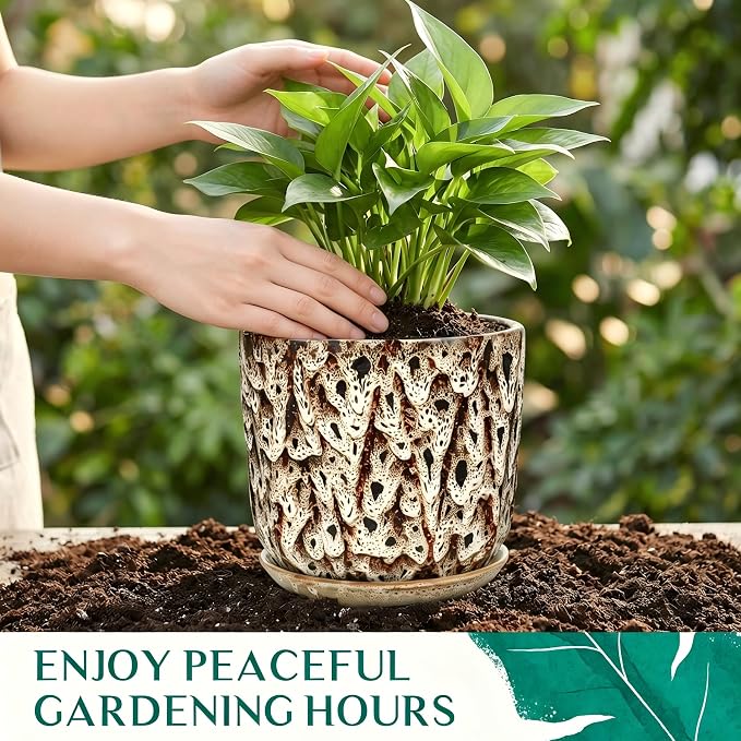7.8 Inch Ceramic Plant Pot with Drainage Hole Mesh Net, Large Flower Pots for Indoor Plants with Saucer, Gardening Pots Outdoor