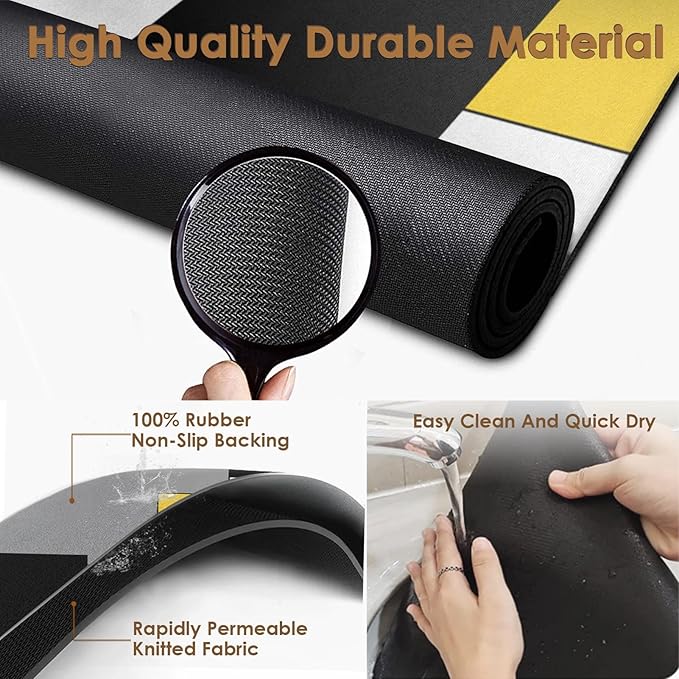 Arttown Coffee Mat for Countertops, Yellow Black White Grey Modern Dish Drying Mat 2 Pcs for Kitchen Bar Accessories, Fit Under Coffee Maker Espresso Machine Dish Rack Hide Stain Rubber 12x19in