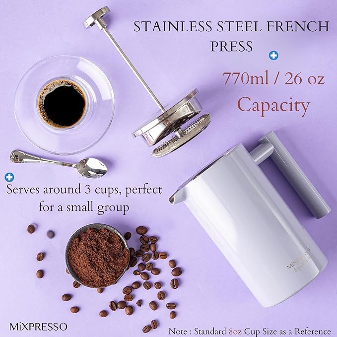 Mixpresso Light Blue Stainless Steel French Press Coffee Maker 26 Oz 770 ml, Double Wall Insulated French Press Stainless Steel, Easy Clean Tea Brewer, Easy Press Durable Metal Coffee Press