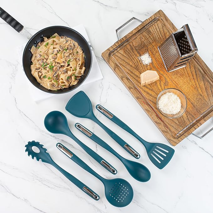 Restaurantware Silicone Utensil Set Pack of 1 Non-Slip Handle 6-Piece Kitchen Tool Set, Heat-Resistant Dishwasher-Friendly Cooking Accessories, Durable Teal Cooking Utensils