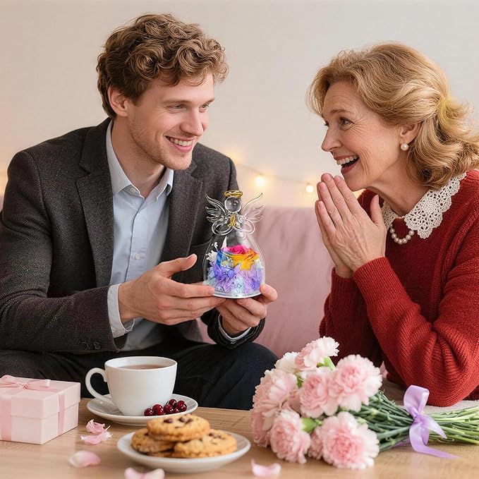 Mothers Day Mom Gifts for Mom,Fresh Flowers for Delivery,Birthday Gifts for Women Her,Preserved Flowers in Angel Figurines,Angel Gifts for Moms Mothers Day Grandma Wife Sister,Light Up Rainbow Gift