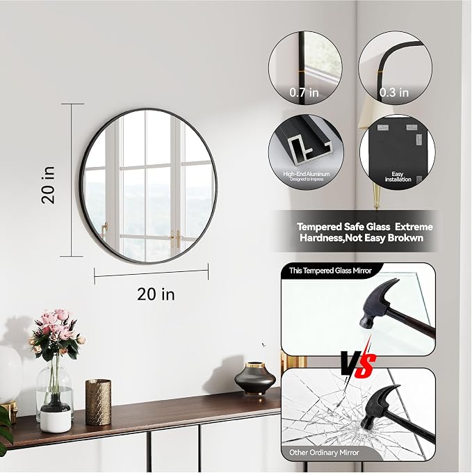 SCWF-GZ 20" Round Mirror Circle Wall Mounted Hanging or Against Wall Metal Frame Dressing Make-up Mirrors for Entryway Bedroom Bathroom Living Room 20 inch Black