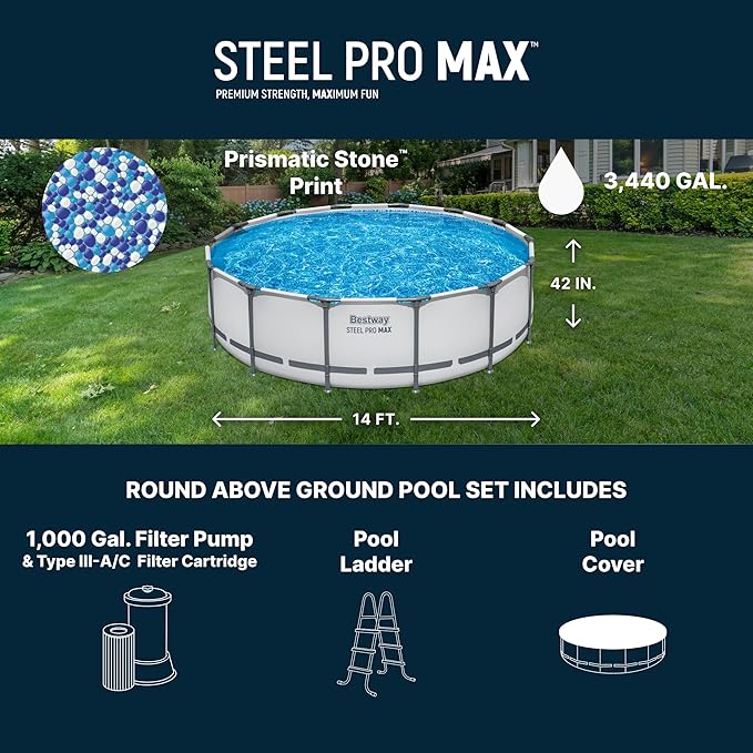 Bestway Steel Pro MAX 14' x 42" Above Ground Pool, Round Metal Frame Outdoor Swimming Pool Set with Filter Pump, Ladder, and Cover, Gray