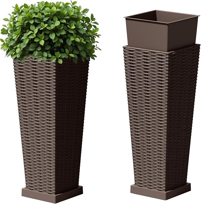 Devoko Resin Tall Planters for Outdoor Plants Set of 2, Large Taper Outdoor Planter Pots with 4 Drainage Holes, Flower Pots Modern Decor for Porch, Patio, Backyard, Garden(Brown, 23.6" with Trays)