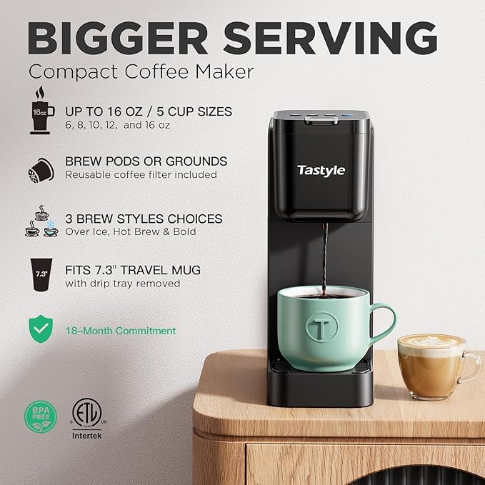 Tastyle Single Serve Coffee Maker for K Cup and Ground Coffee | Brew up to 16 Oz, Fits 7.3'' Travel Mug | Hot, Bold & Over Ice | Compact for Office, RV& Hotel, Classic Black (3.0 Version)