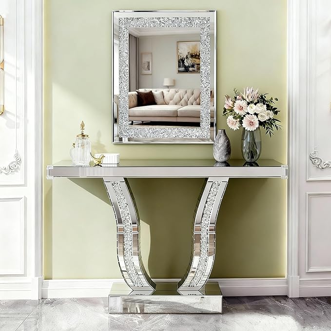 SSLine Modern Mirrored Entryway Table with Rectangle Wall Mirror Set of 2 Luxury Silver Mirror Console Table with 36x24inch Decor Mirror,Crush Diamond U-Shape Hallway Table for Living Room Entrance