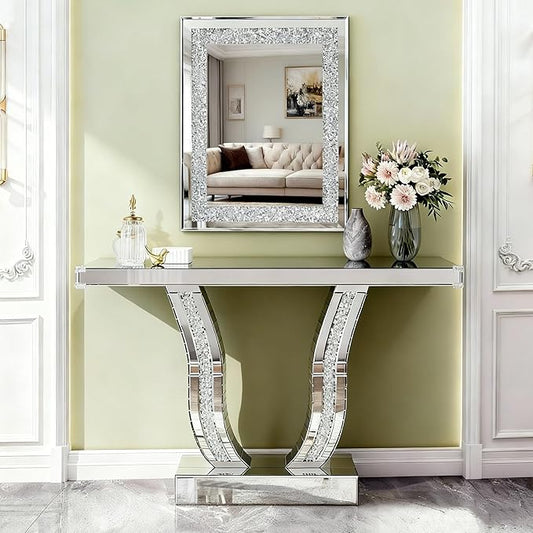 SSLine Modern Mirrored Entryway Table with Rectangle Wall Mirror Set of 2 Luxury Silver Mirror Console Table with 36x24inch Decor Mirror,Crush Diamond U-Shape Hallway Table for Living Room Entrance
