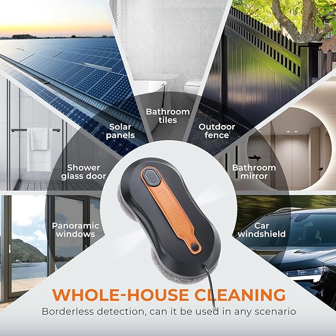 FRUITEAM Automatic Window Cleaner Robot with Dual Direction Auto-Spray, APP and Remote Control, Smart Path Detection, Triple Safety System Anti-Drop for High-Rise Windows, Glass,Door, with 8 Rags