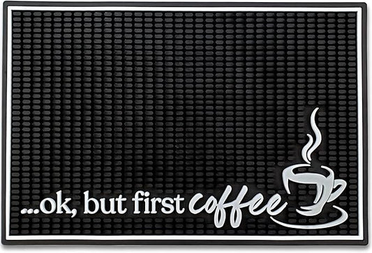 New Mungo Coffee Bar Mat – “Ok But First Coffee” – Spill-Proof PVC Coffee Station Mat, Non-Slip Countertop Protector 18"x12"