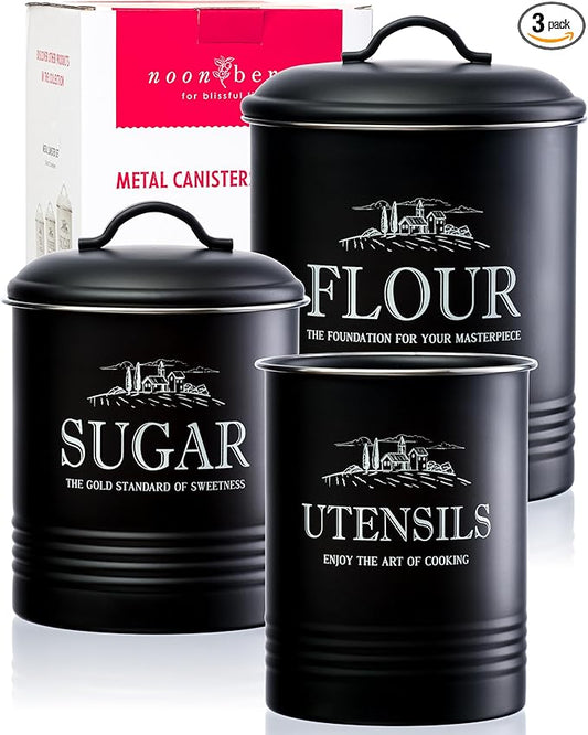 noonberry Kitchen Canisters for Countertop – 3-Piece Airtight Canister Set for the Kitchen Counter with Utensil Holder – Flour Sugar Containers – Matte Black Finish