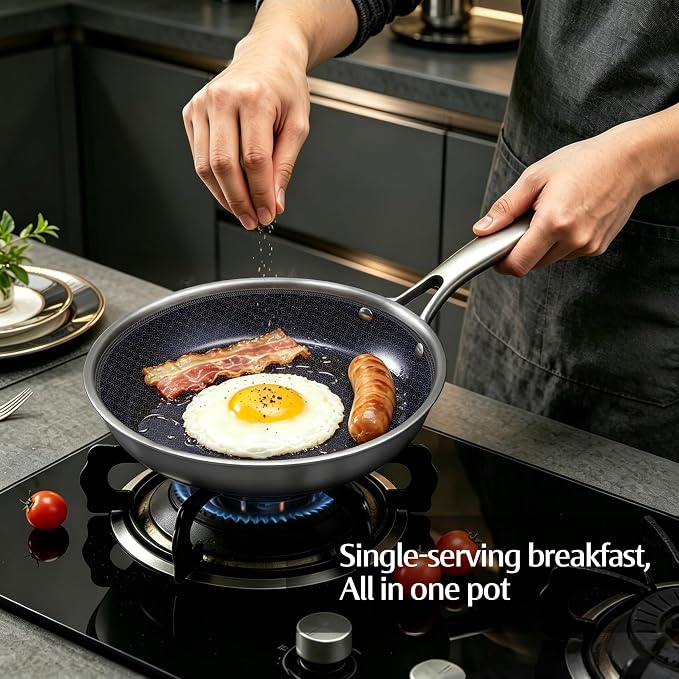 BRASA Nonstick Frying Pan 7.87-inch,Tri-Ply Stainless Steel Skillet,Honeycomb Ceramic Coating, Induction & All Cooktop Compatible,Dishwasher safe (PFOS, PFOA Free)(7.87 in+5.9 in trivet)