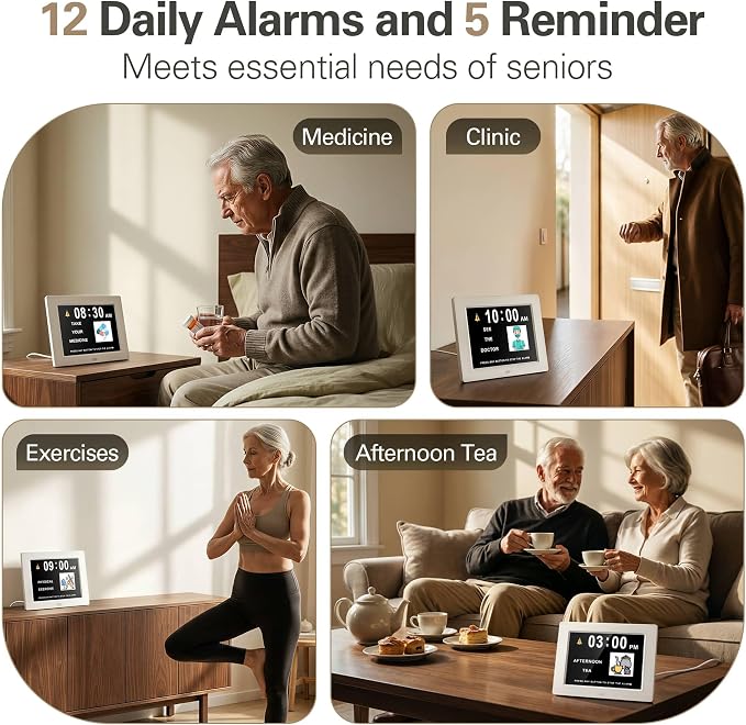 JALL 7" Large Digital Calendar Day Clock for Seniors 2026 - Easy to Read Alzheimer's Dementia Memory Loss Clock for Elderly with IPS Wide Angle，Day & Date, 12 Custom Alarms & Auto-Dimming, Black