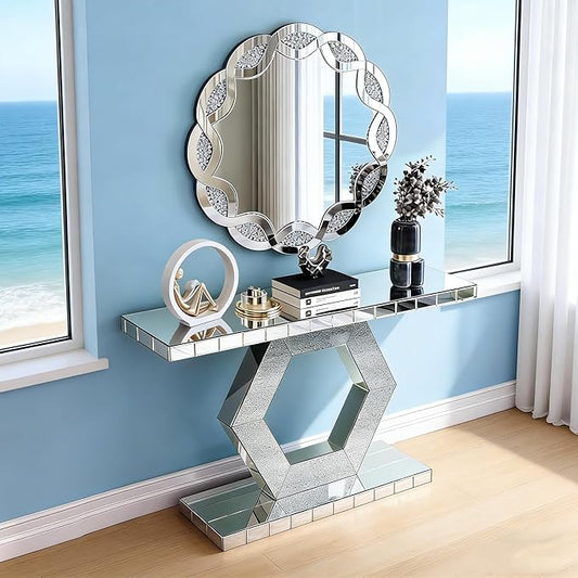 SSLine 2-Piece Set Mirrored Console Table with Wall Mirror, 55" Modern Mirror Entryway Table with Hexagon-Shape Base, Round Crush Diamond Decor Mirror for Entryway Hallway