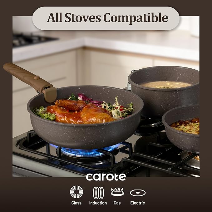 CAROTE 21PCS Pots and Pans Set Non Stick with Detachable Handle, Nonstick Cookware Sets, Cooking Kitchen Set, Oven/Dishwasher Safe, Induction Cookware, Brown, RV Kitchen Pot and Pan