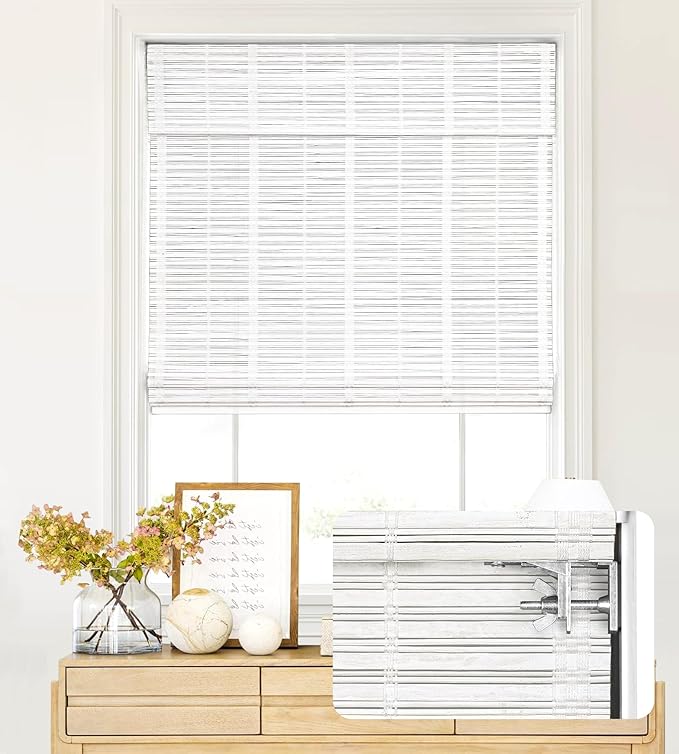 LazBlinds No Tools No Drill Cordless Bamboo Roman Shades, Light Filtering Window Treatment, Roll Up Bamboo Blinds for Windows 24'' W x 48'' H, Whitewash T