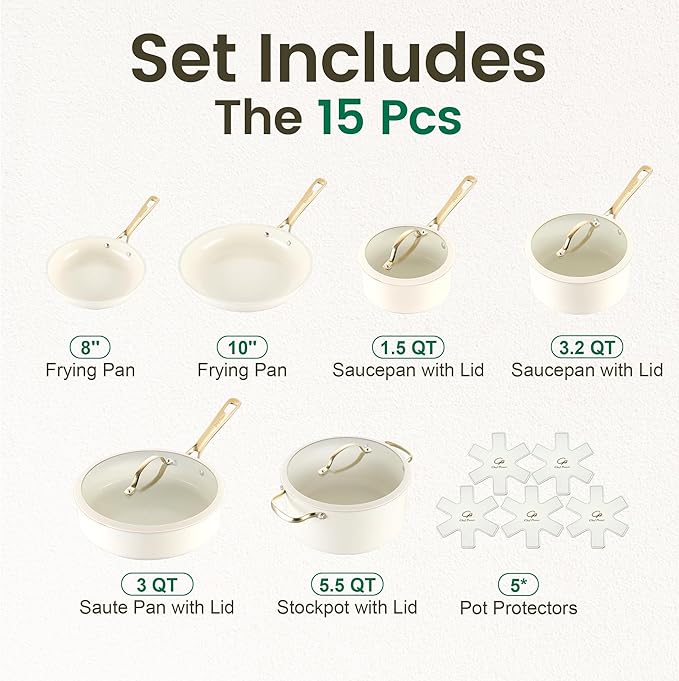 Chef Power Ceramic Cookware Sets, 15Pcs Pots and Pans Set Non Stick, Cookware Set with Stainless Steel Handle, Dishwasher & Oven Safe, Cream White and Light Gold Handle