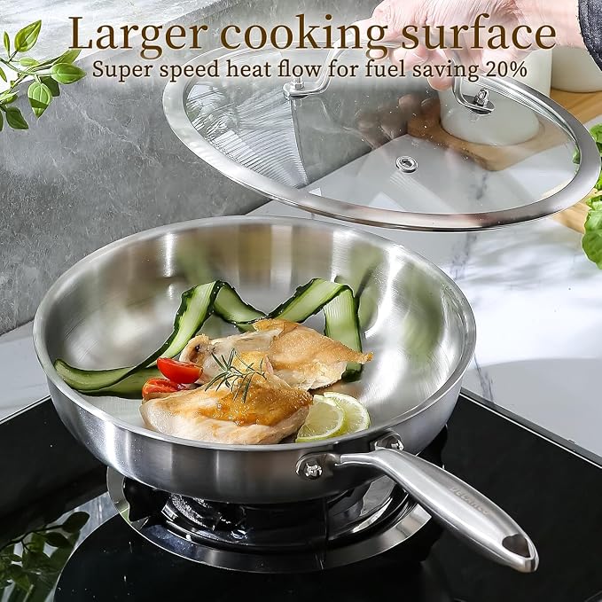 DELARLO Tri-ply Stainless Steel Pan 12 inch & 14 inch Frying Pan with Lid | Heavy Duty, PTFE & PFOA Free, Compatible with Induction, Electric up to 600℉, Fast & Even Heating, Oven Safe Skillet