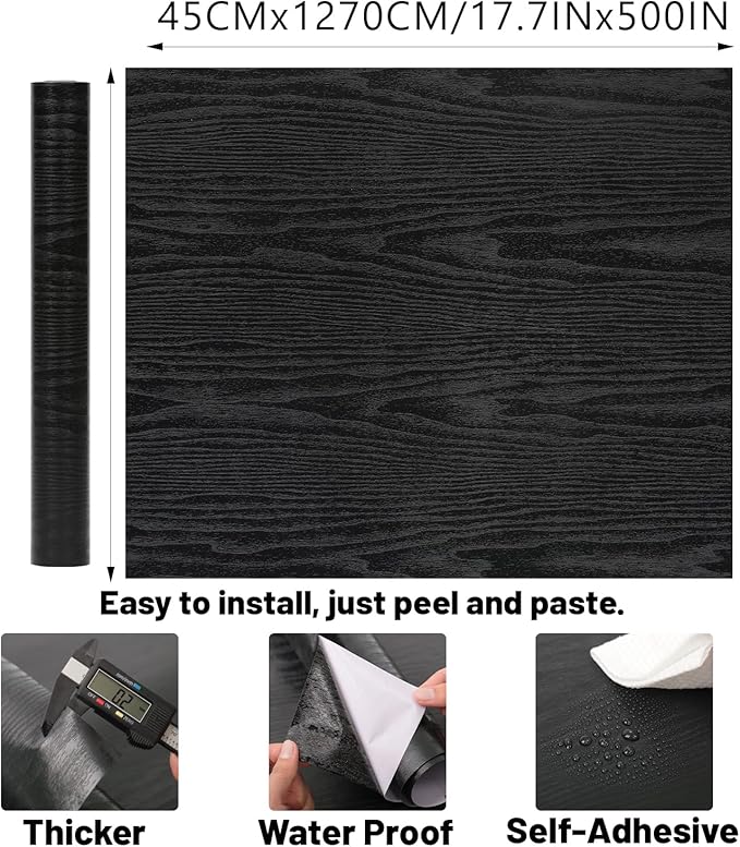 Peel and Stick Wallpaper Black Wood Wall Paper - 17.5 x 500 Inch Self Adhesive Wallpaper Peel and Stick, Easy to Paste Wall Contact Paper for Stand Liner, Table and Door Makeover Decor