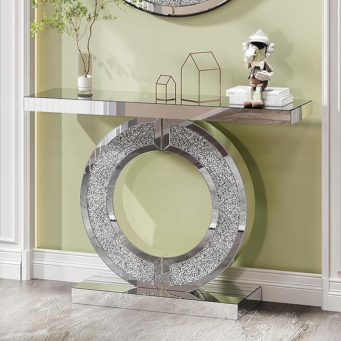 SSLine 2-Piece Set Mirrored Console Table with Wall Mirror, 43" Modern Mirrored Entryway Table with Crystal O-Shape Base, 33.5" Round Crush Diamond Decor Mirror for Entryway Hallway