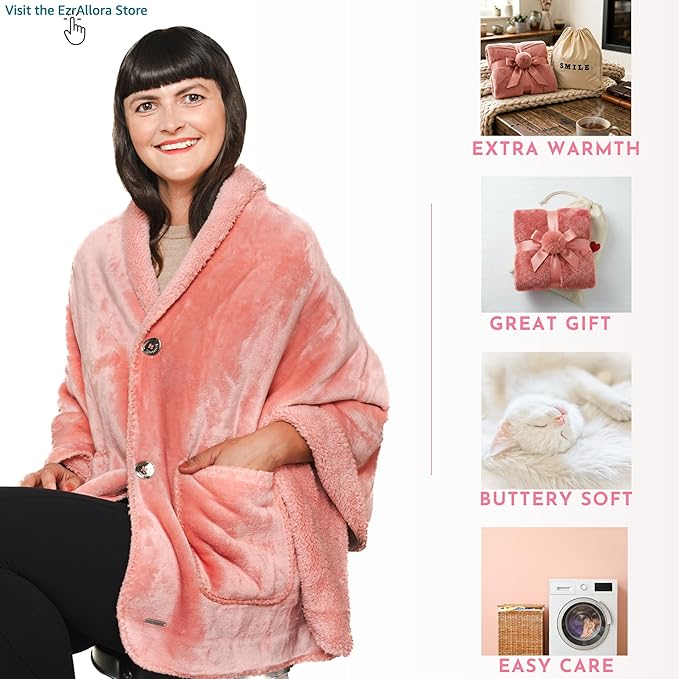 EzrAllora Premium Double Layer Wearable Blanket for Women -No Sleeves- Shawl with Pockets- Wrap Blanket- Gifts for Grandma (Powder Pink)