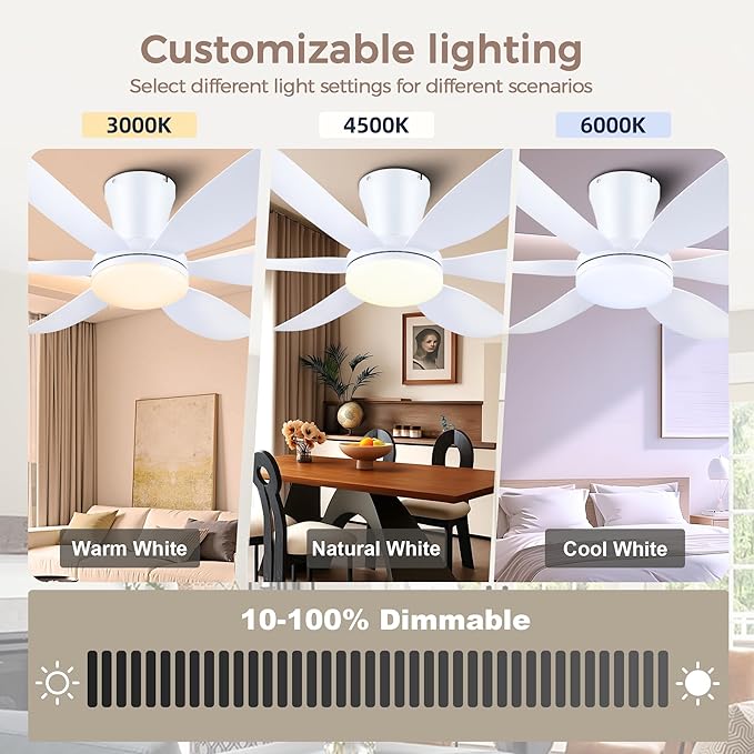 GJeg Ceiling Fans with Lights,42" Low Profile Ceiling Fan with Light and Remote Control,Flush Mount, Reversible, Dimmable, Noiseless, White Ceiling Fan for Bedroom