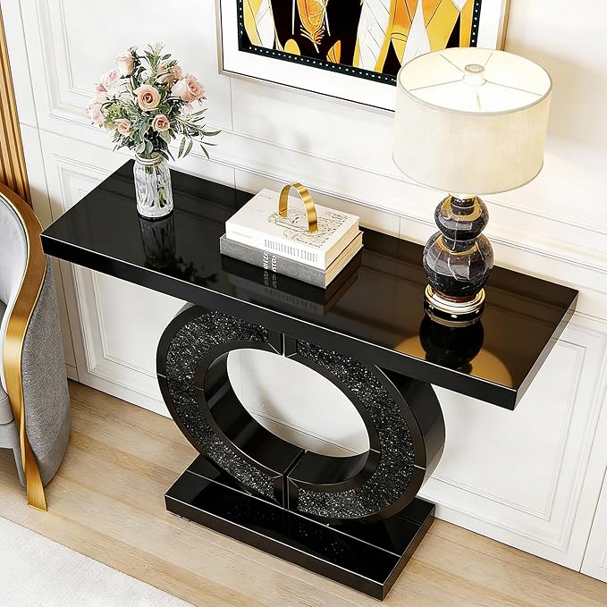 SSLine 2-Piece Set Mirrored Console Table with Wall Mirror, 43" Modern Black Mirror Entryway Table with O-Shape Base, 35.4"x23.6" HD Mirror for Entryway Hallway