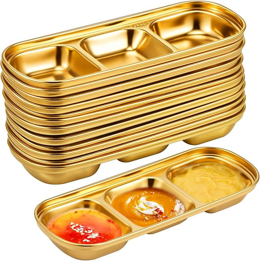 Maxcheck 12 Pcs Soy Sauce Dish Stainless Steel Divided Dip Bowls Korean 3 Compartment Sauce Plate Seasoning Dipping Condiment Tray for BBQ Vinegar Spice Salt Sugar Flavor Home Restaurant (Gold)