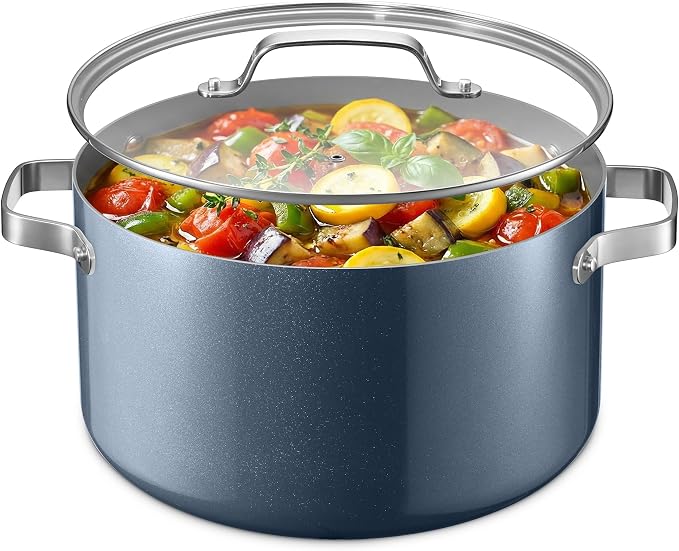 Bakken 12.5 Quart Ceramic Coated Stock Pot with Lid, Easy Clean Nonstick Pot, Tempered Glass Lid, Riveted Stainless Steel Handles, Oven Safe Up To 500°F, PTFE & PFAS Free, All Stove Compatible, Blue
